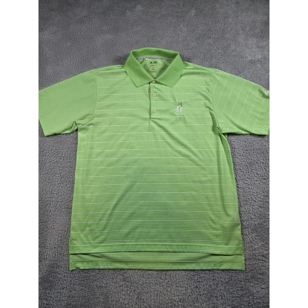 Adidas Golf Polo Shirt M Green Men Striped Climalite Ravines Logo Short Sleeve